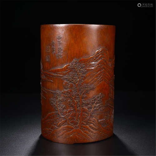 CHINESE BAMBOO MOUNTAIN VIEW BRUSH POT