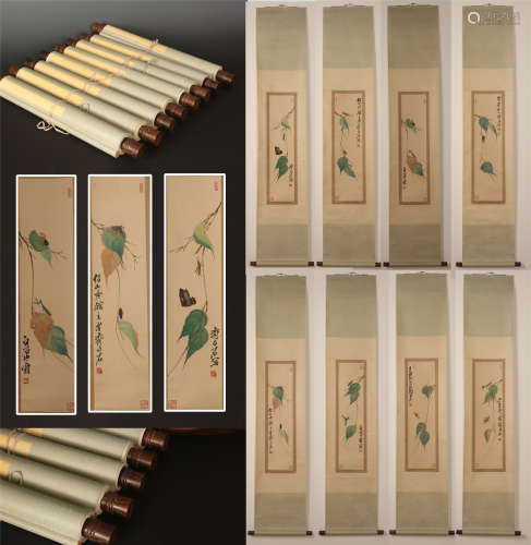 EIGHT PANELS OF CHINESE SCROLL PAINTING OF INSECT AND LEAF