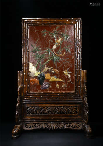 CHINESE GEM STONE INLAID ROSEWOOD TABLE SCREEN