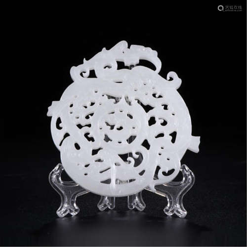 CHINESE WHITE JADE DRAGON BI DISK PLAQUE