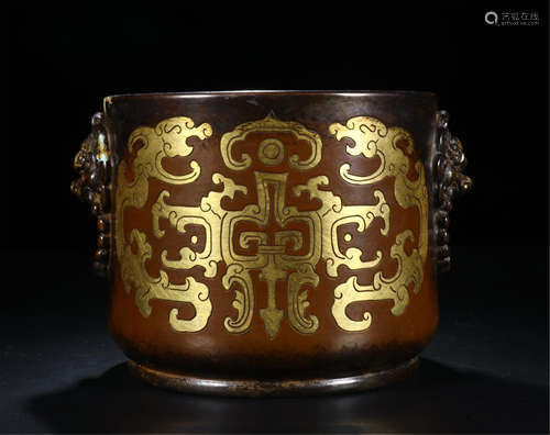 CHINESE GOLD INLAID BRONZE DRAGON CENSER