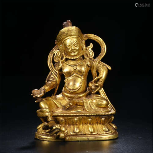 TIBETAN GILT BRONZE SEATED YELLOW JAMBHALA