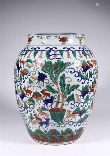 CHINESE PORCELAIN WUCAI DEER JAR