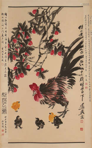 CHINESE SCROLL PAINTING OF ROOSTER AND FLOWER WITH CALLIGRAPHY