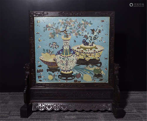 CHINESE CLOISONNE PLAQUE ROSEWOOD TABLE SCREEN