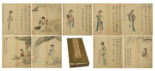 TWEENTY-FIVE PAGES OF CHINESE ALBUM PAINTING OF BEAUTIES WITH CALLIGRAPHY