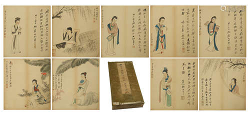 TWEENTY-FIVE PAGES OF CHINESE ALBUM PAINTING OF BEAUTIES WITH CALLIGRAPHY