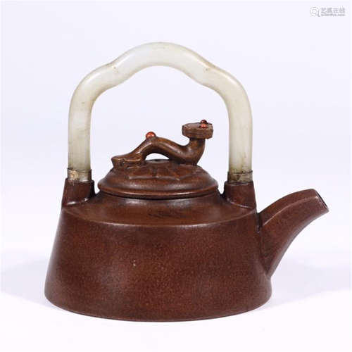 CHINESE YIXING ZISHA RED CLAY WHITE JADE HANDLE TEA POT