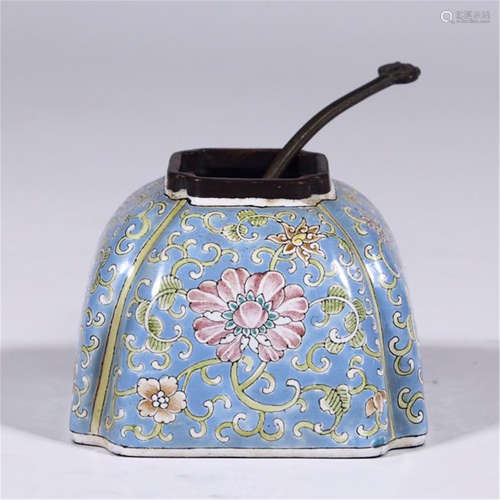 CHINESE ENAMEL FLOWER SQUARE WATER POT