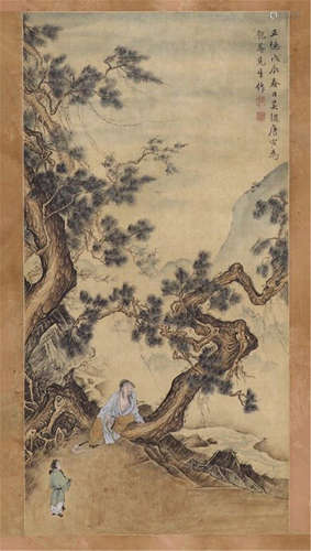 CHINESE SCROLL PAINTING OF MEN UNDER TREE