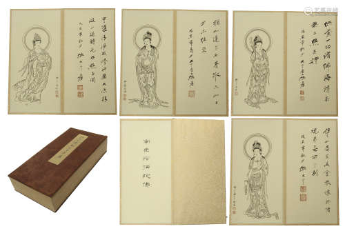 FORTY-SIXE PAGES OF CHINESE ALBUM PAINTING OF STANDING GUANYIN WITH CALLIGRAPHY
