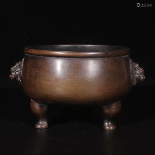 CHINESE BRONZE LION HEAD HANDLE TRIPLE FEET CENSER