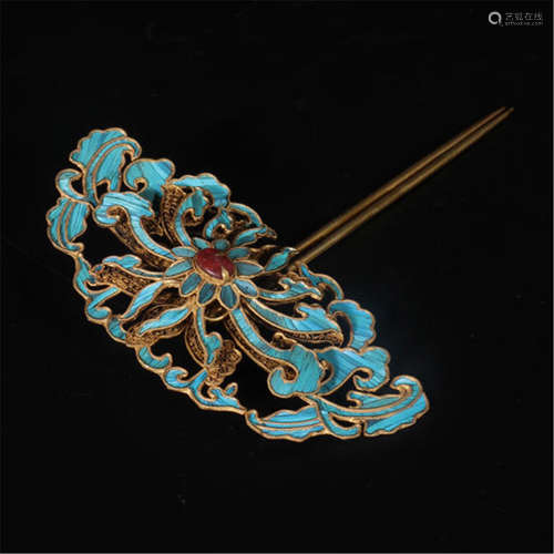 CHINESE GILT SILVER KINGFISHER FEATHER DECOR HAIR PIN