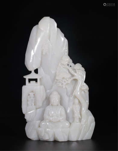 CHINESE WHITE JADE SEATED GUANYIN SCHOLAR'S ROCK