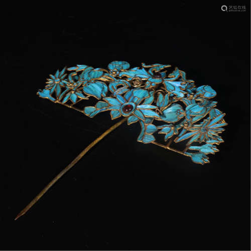 CHINESE GILT SILVER KINGFISHER FEATHER DECOR HAIR PIN