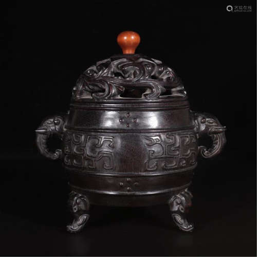 CHINESE HARDWOOD ZITAN TRIPLE FEET LIDDED CENSER