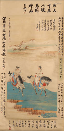 CHINESE SCROLL PAINTING OF HORSE MEN WITH CALLIGRAPHY