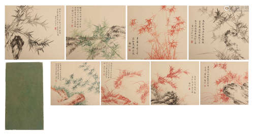 TWEELVE PAGES OF CHINESE ALBUM PAINTING OF BAMBOO AND ROCK WITH CALLIGRAPHY