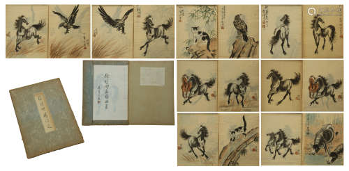 FIFTEEN PAGES OF CHINESE ALBUM PAINTING OF HORSE WITH CALLIGRAPHY