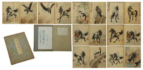 FIFTEEN PAGES OF CHINESE ALBUM PAINTING OF HORSE WITH CALLIGRAPHY