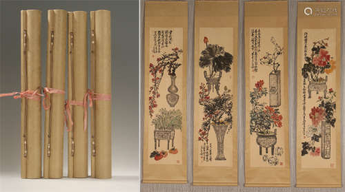 FOUR PANELS OF CHINESE SCROLL PAINTING OF FLOWER IN VASE