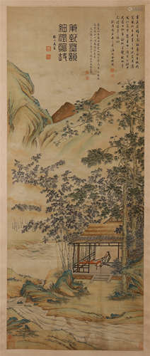 CHINESE SCROLL PAINTING OF MOUNTAIN VIEWS WITH CALLIGRAPHY