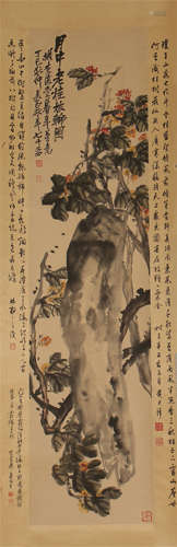 CHINESE SCROLL PAINTING OF FLOWER AND ROCK WITH CALLIGRAPHY