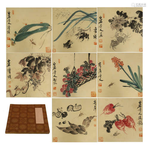 EIGHT PAGES OF CHINESE ALBUM PAINTING OF INSECT AND FLOWER