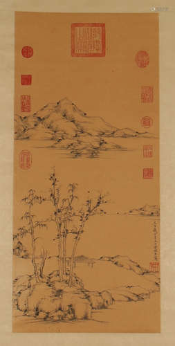 CHINESE SCROLL PAINTING OF LANDSCAPE WITH STAPLES