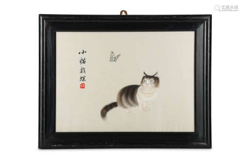 A CHINESE EMBROIDERED SILK PANEL OF A CAT.