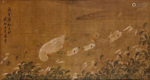 A CHINESE PAINTING OF DUCKS ON A POND.