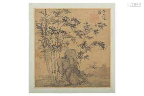 A CHINESE ALBUM LEAF PAINTING OF BAMBOO AND ROCKS.