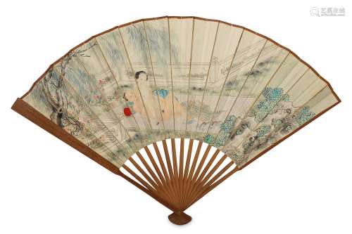A CHINESE FOLDING FAN WITH A HIDDEN EROTIC SCENE.
