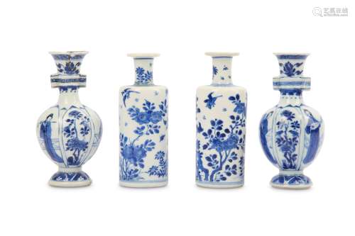 A PAIR OF BLUE AND WHITE ARROW VASES, TOGETHER WITH A FURTHER PAIR OF VASES.