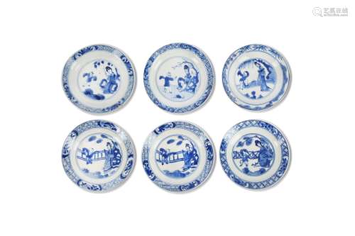 SIX CHINESE BLUE AND WHITE 'LADIES AND BOYS' SAUCE