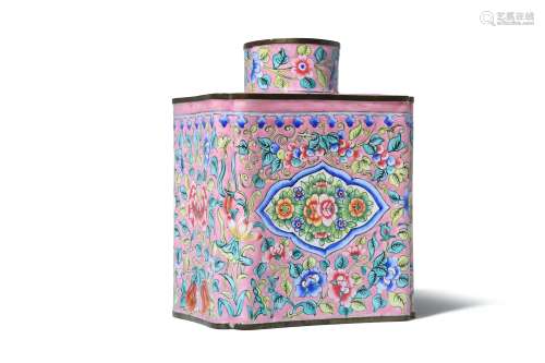 A CHINESE CANTON ENAMEL TEA CADDY.