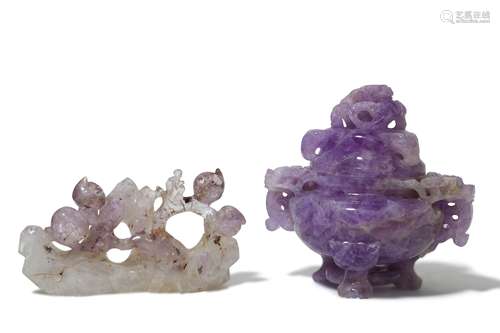 A CHINESE AMETHYST INCENSE BURNER AND COVER AND AN