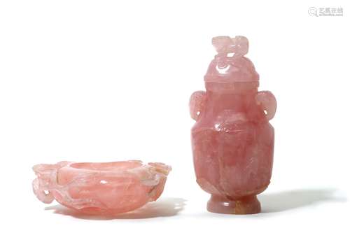 A CHINESE ROSE QUARTZ VASE AND COVER AND A 'PEACH'