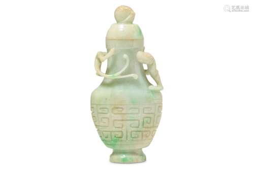 A CHINESE APPLE GREEN JADEITE 'CHILONG' VASE AND C