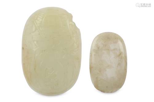 TWO CHINESE PALE CELADON JADE OVAL-SHAPED CARVINGS