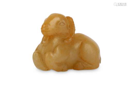A CHINESE PALE CELADON JADE 'RAM' CARVING.