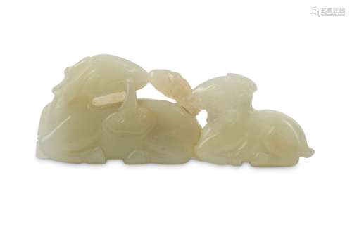 A CHINESE PALE CELADON JADE CARVING OF A RAM AND A