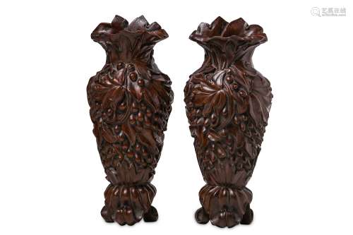 A PAIR OF CHINESE WOOD WALL VASES.