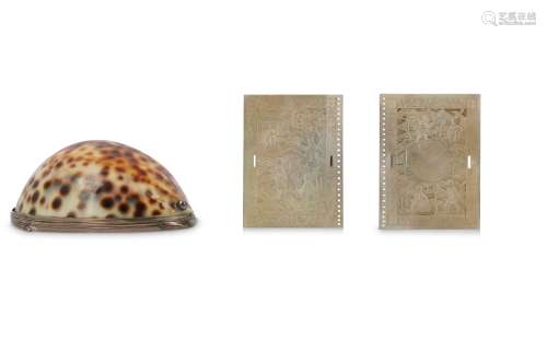 TWO CHINESE MOTHER OF PEARL PANELS AND COWRIE SHEL