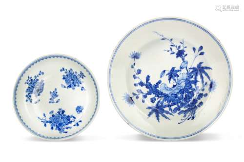 TWO CHINESE BLUE AND WHITE DISHES.