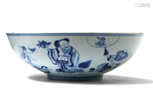A CHINESE BLUE AND WHITE 'EIGHT IMMORTALS' BOWL.