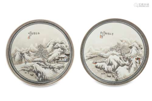 A NEAR PAIR OF CHINESE 'WINTER LANDSCAPE' DISHES P