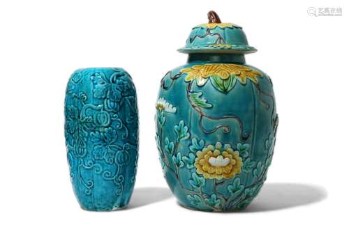 A CHINESE TURQUOISE-GLAZED JAR AND COVER AND A VAS
