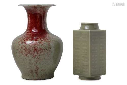 A CHINESE FLAMBE VASE AND A CELADON VASE, CONG.