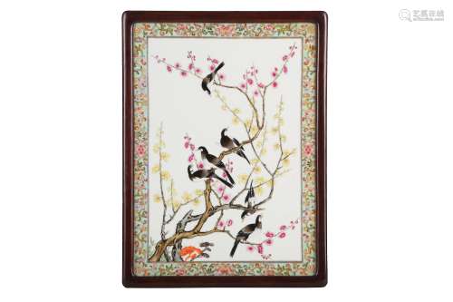 A CHINESE FAMILLE ROSE 'BIRDS AND FLOWERS' PLAQUE.
